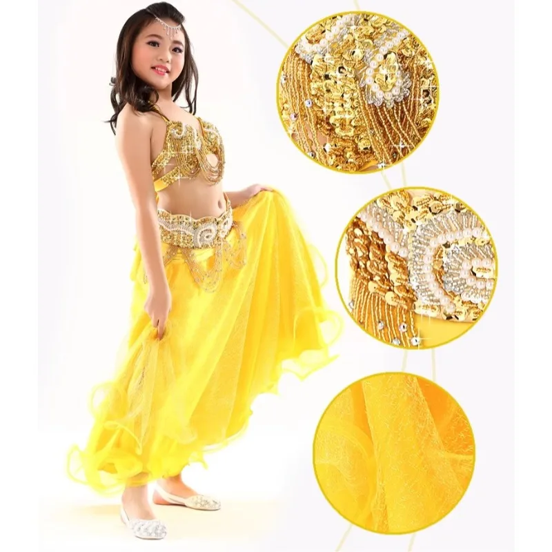 Customized Belly Dance Costumes Suit High End Pearl Embroidery Performance Dress for Children Set Mesh Skirt Belt Bra 3 Pcs