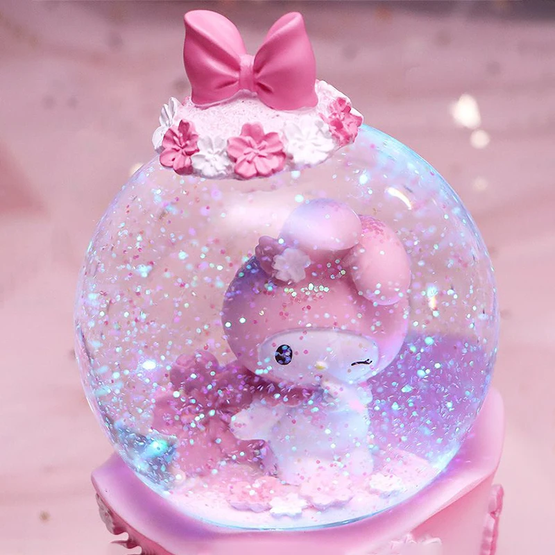 Kawaii Toys Music Box Kuromi My Melody Sanrio Anime Cartoon Cute Lighting Drifting Snow Cinnamoroll Crystal Ball for Girls Gifts