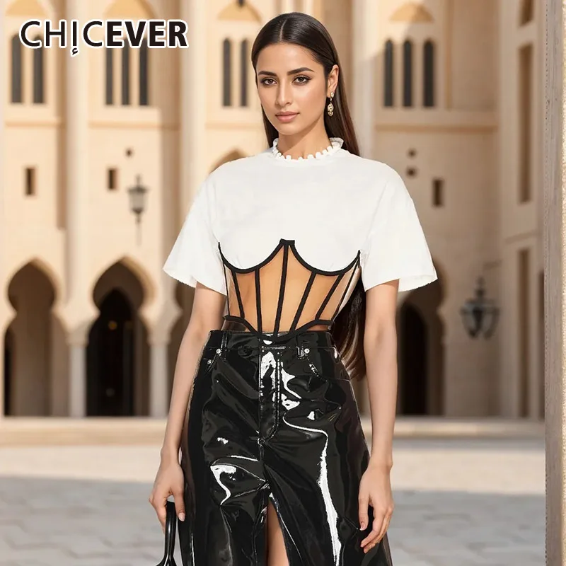 CHICEVER High Street T Shirt For Women Round Neck Short Sleeve Hollou Out Designer Sexy Soild T Shirts Female Summer Clothes New