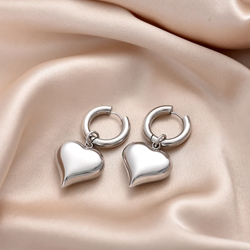 Classic Stainless Steel Heart Pendant Round Hoop Earrings For Women Gold Silver Color Big Statement Female Jewelry Earrings Gift