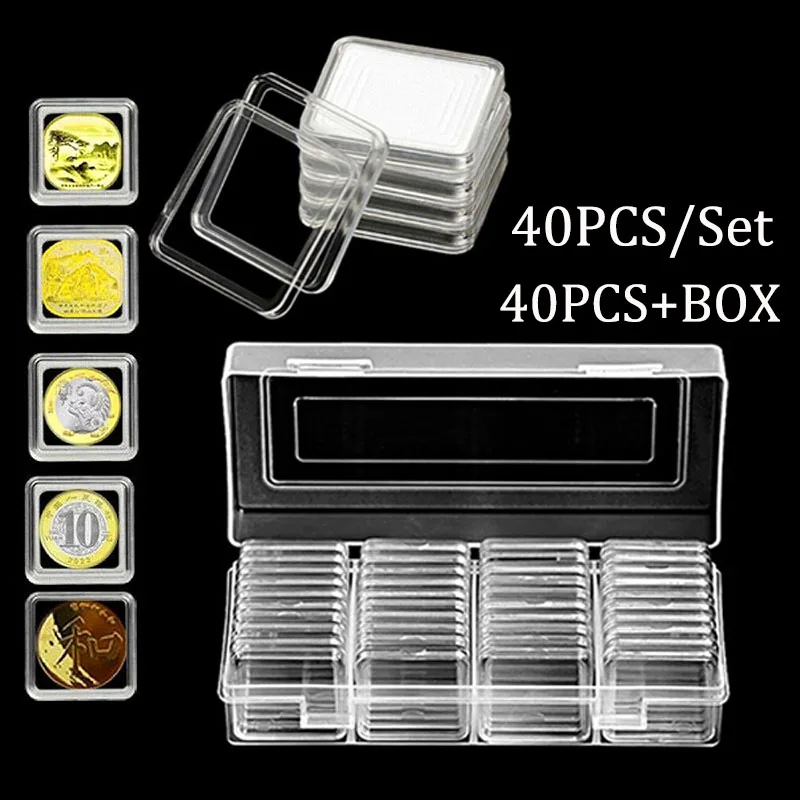 40 Pcs Commemorative Coin Square Hard Plastic Capsules Holder