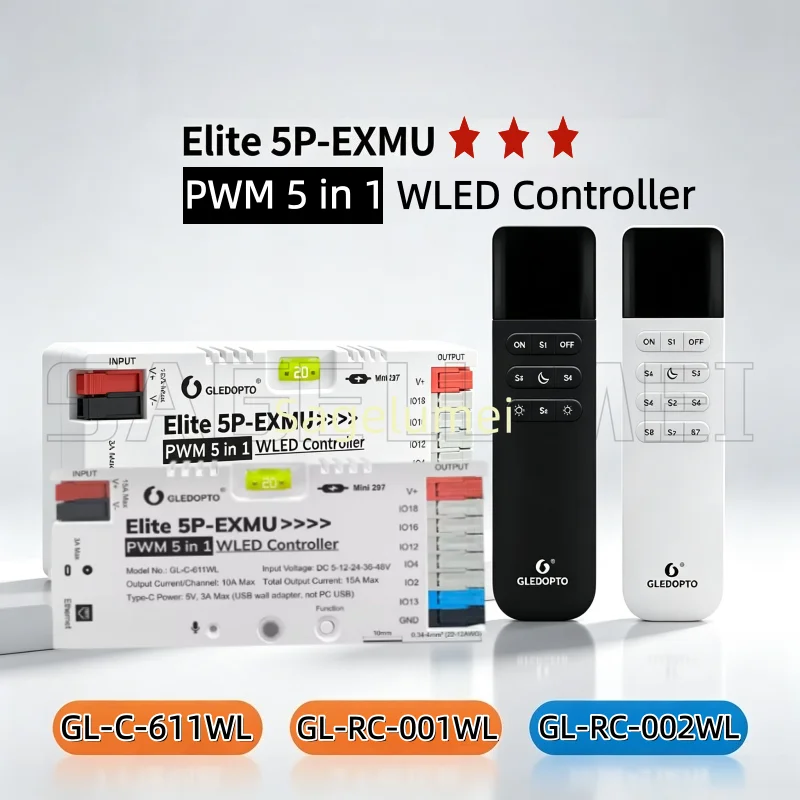 GLEDOPTO 5 in 1 for  Music Rhythm APP Control Work with Alexa Home Assistant 611WLWLED Controller Elite 5P-EXMU DC5-48V 15A PWM