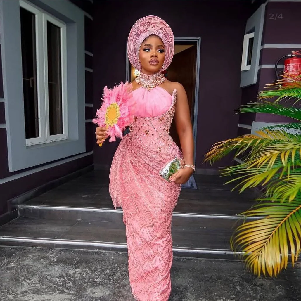 

Aso Ebi розовые вечерние платья длинные блестящие кристаллы африканское вечернее платье с аппликацией из бисера с открытыми плечами платье de festa