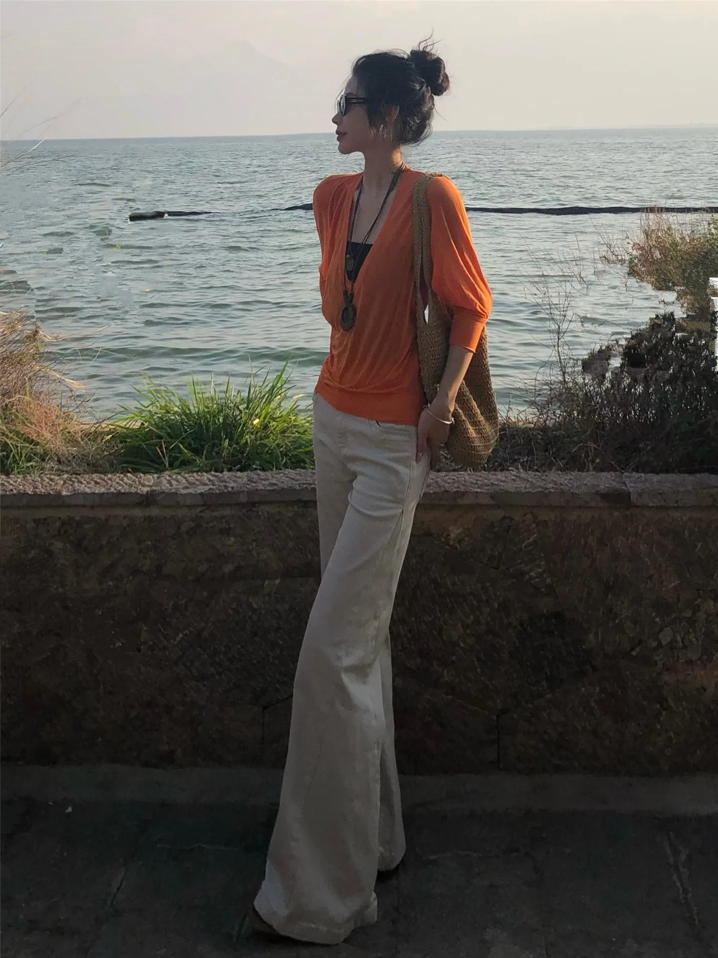 

Американские ретро-джинсы-клеш с низкой посадкой, свободные, удлиненные, женские, из мягкого хлопка, с эффектом потертости