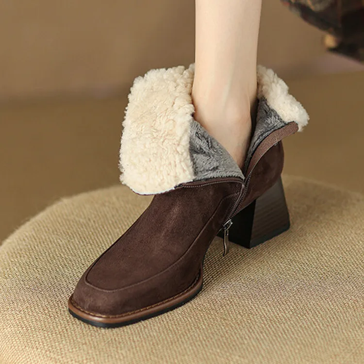 

Vintage Brown Suede Women Winter Boots Square Toe Plush Warm Snow Botas Side Zipper Short High Heels Lady Botines Femmes Size 42