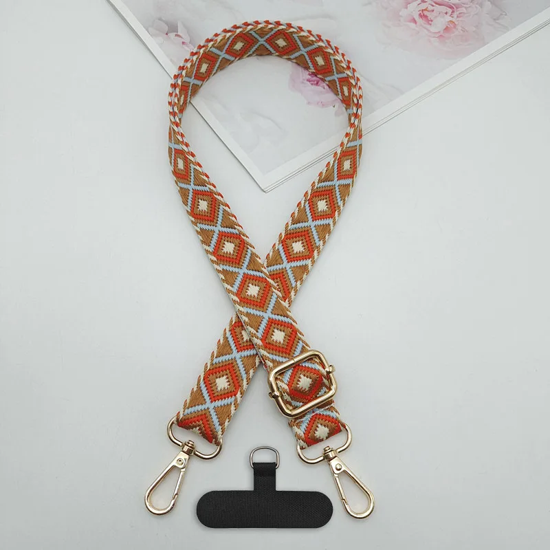 New Retro Ethnic Style Diamond Pattern Mobile Phone Bag Lanyard Adjustable Diagonal Span Wide Band Strap Clip Universal Model