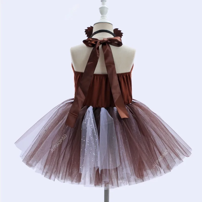 New Models Kids Girls Halloween Dress Up Cosplay Animal Theme Party Brown Bear Handmade Mesh Tutu Dress With Matching Hair Hoop