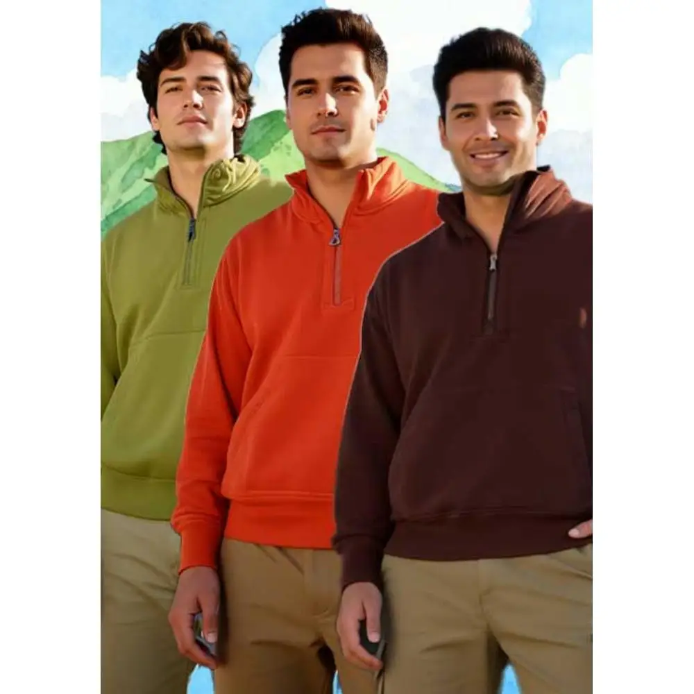 カンガルーポケット付きの3ピースメンズジッパーカラープルオーバーフーディセットは、快適なフィット感を実現する4色展開です。
