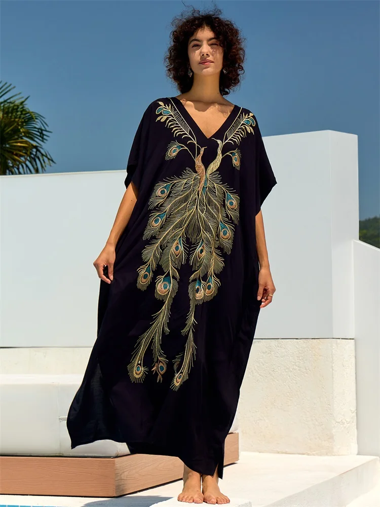 Chic Gold Phoenix Plume Embroidered Dress Plus Size Black Kaftan 2024 Summer Vacation Women Lounge Wear Swimsuit Cover Up Q1689