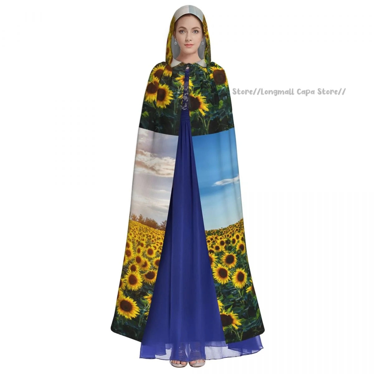 Adult Halloween Field Of Blooming Sunflowers Cloak Cape Hooded Medieval Costume Full Length Dress Coat