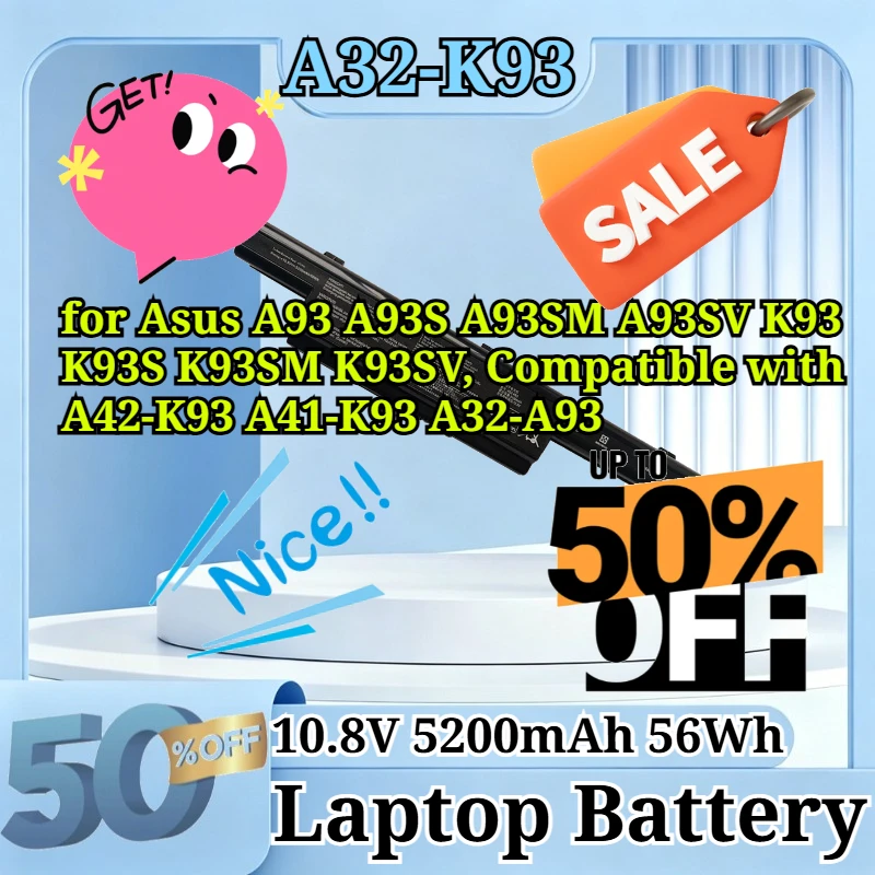 A32-K93 10.8V 5200mAh 56Wh Replacement Li-ion Laptop Battery for Asus A93 A93S A93SM A93SV K93 K93S K93SM K93SV A42-K93 A41-K93