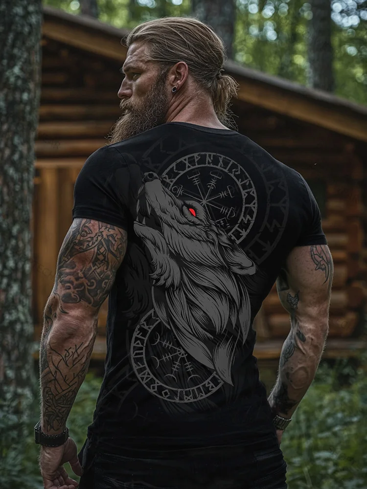 

Summer New Arrival Vintage Tattoo Wolf Totem Print Men's T-Shirt Stylish Streetwear Look Comfortable Breathable Loose-Fit Top