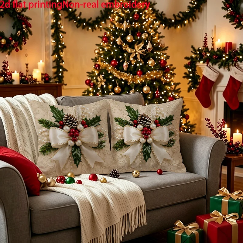 2/1 Piece Set 2D Flat Single-Sided Christmas Bow, Pinecone, Berry, and Pearl Print Design Pillow Cover, Light Luxury Retro Style Home Decor Pillowcase, Gift for Family, Friends, and Partners, Zippered Cushion Cover, Available in Multiple Sizes, Suitable for Kitchen Sofa, Living Room, Bedroom, Outdoor, Bedding, Holiday Decoration, Pillow Insert Not Included, Machine Washable, Single-Sided Print, Christmas Gift