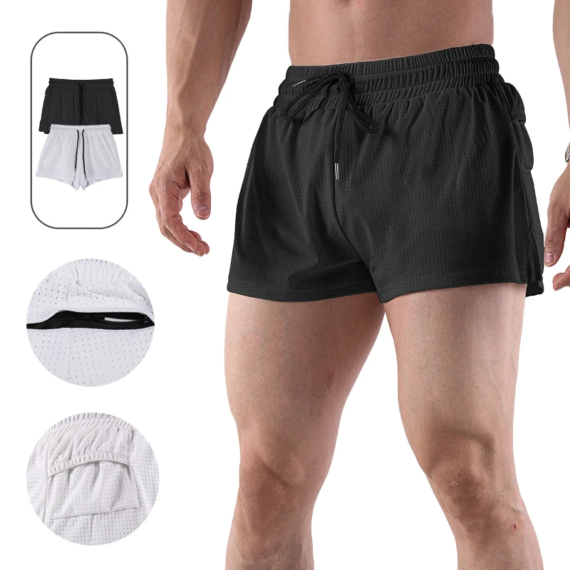 

(M-3XL)Men's Quick Dry Shorts 3-Inch Workout Running Gym Breathable Mesh Nylon Fitness Sports with Liner /Back Zipper Pockets