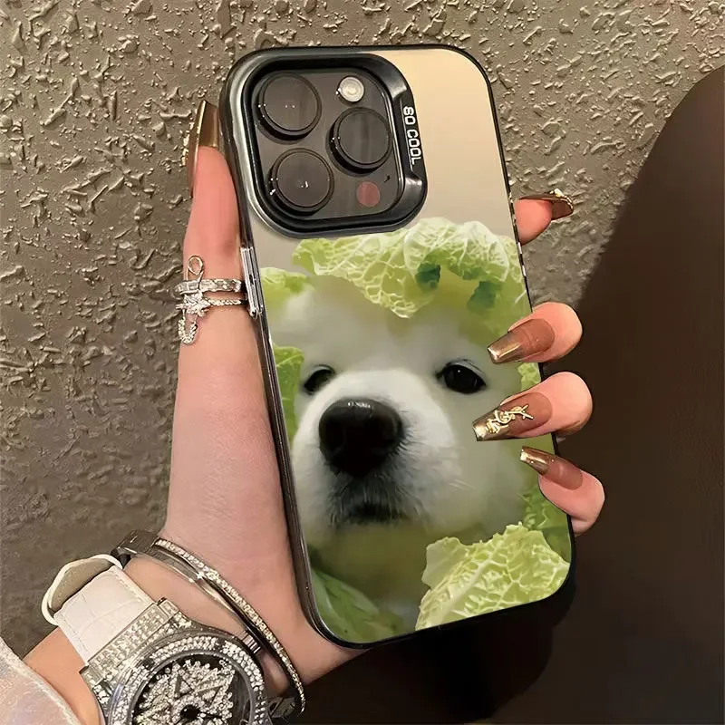 Cartoon Cabbage dog Electroplate Silver Phone Case For iPhone16 15 Cases iPhone 15 12 13 14 11 Pro Max XS X XR 7 8 Plus SE Cover