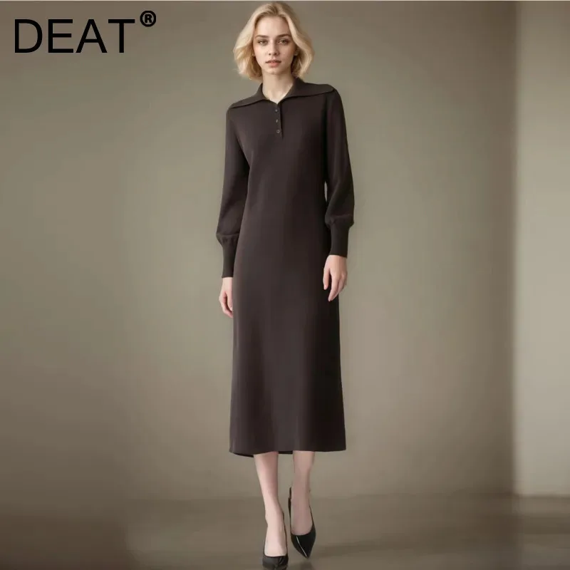 DEAT Fashion Knitted Dress Women's Trutleneck Half Open Collar Long Sleeve Back Slit Solid Color Slim Mid-calf Dresses NewCP3524