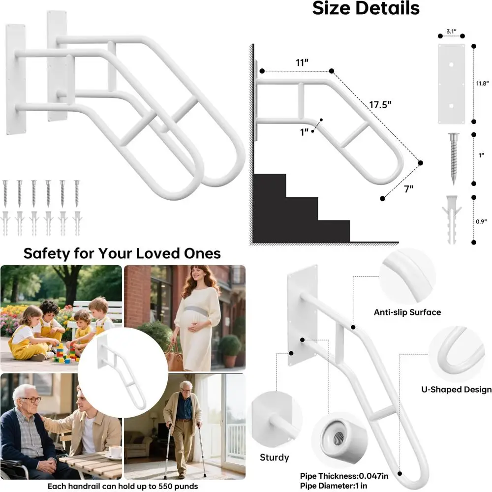 

Outdoor Stair Handrails for Elderly - U-Shape Wall Mounted Railing for Steps, Porch, Deck, Garage, and Garden - 2 Pack Grab Bars