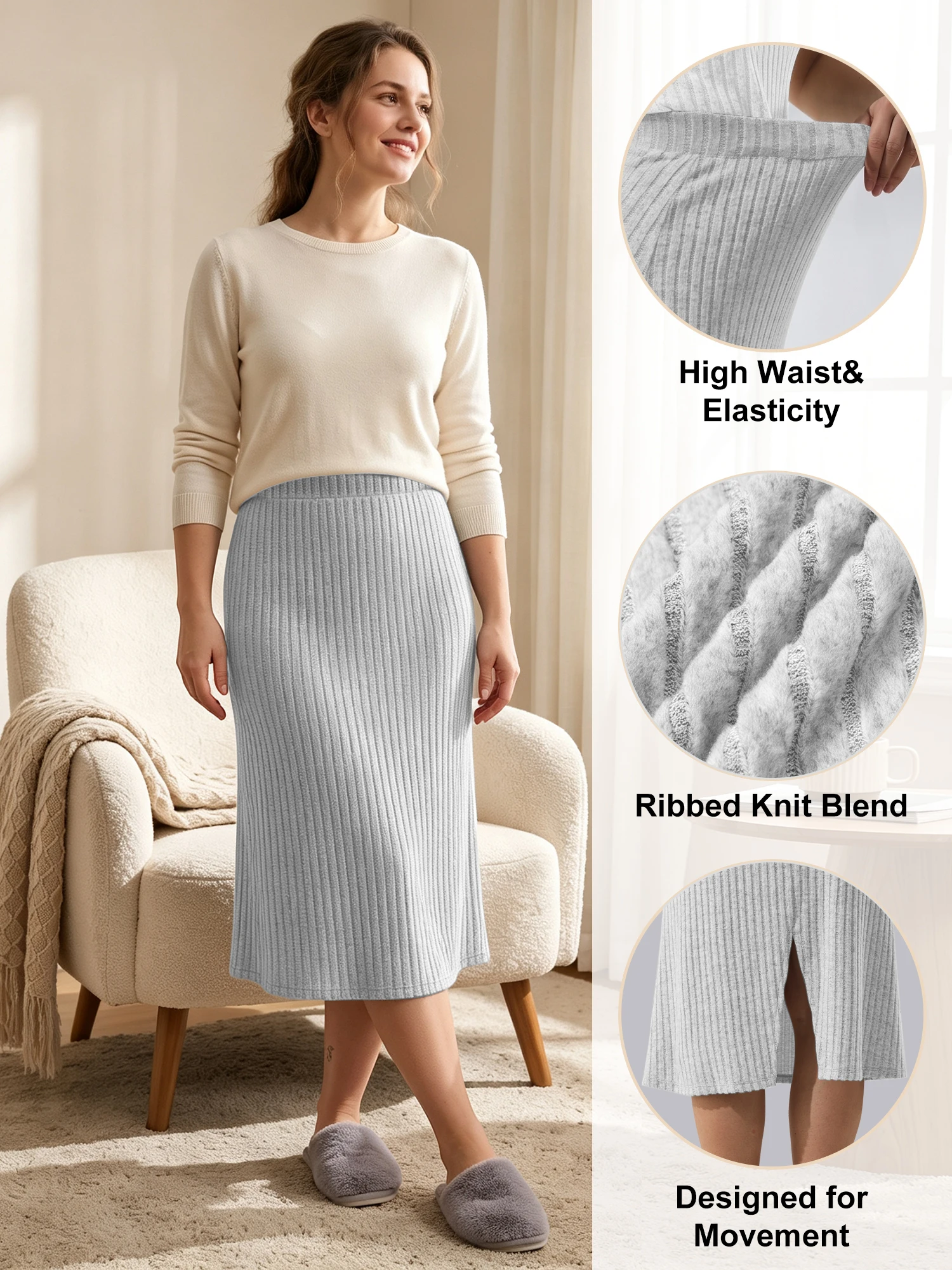 Women's Ribbed Knit High Waist Skirt Comfy Long Skirt with Back Split Soft Stretchy Tummy Control Great for Casual Everyday