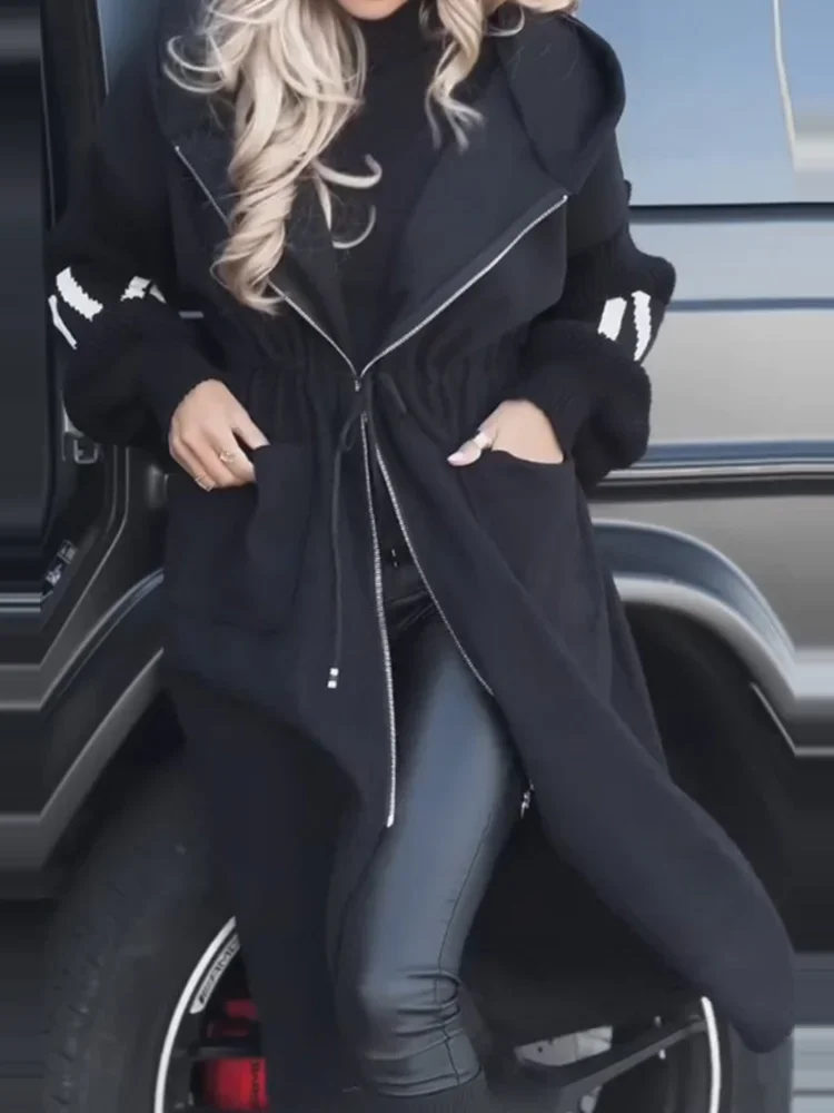 New Autumn Winter Hooded Patchwork Outerwear, Women Long Sleeve Zipper Maxi Jackets, 2024 Lace-Up Casual Ladies Coats Streetwear