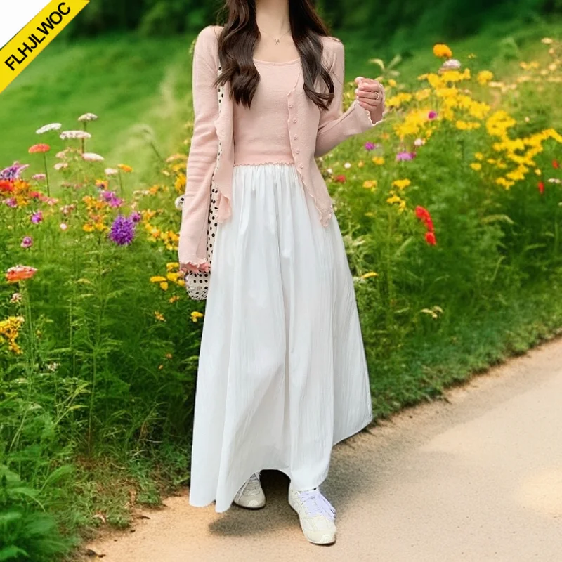 Long Maxi Skirts Cute Sweet Japan Girls Women Preppy Style Cotton Blends Retro Vintage Solid Blue White Skirt