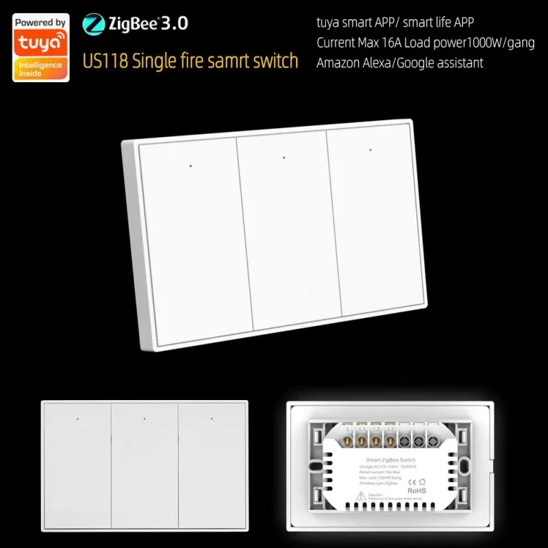 Tuya ZigBee Smart Switch Panel: 118 Type, Single Fire/Neutral Wire, US Standard, White Touch Control