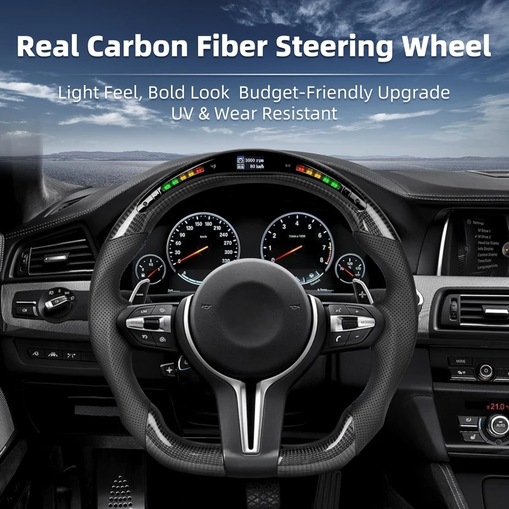 

Светодиодный руль из карбона с цветной строчкой M и отверстиями для подрулевых лепестков, подходит для BMW M5, M6, M8, серий 5, 6, 7 (F10, F11, F12), без подогрева.