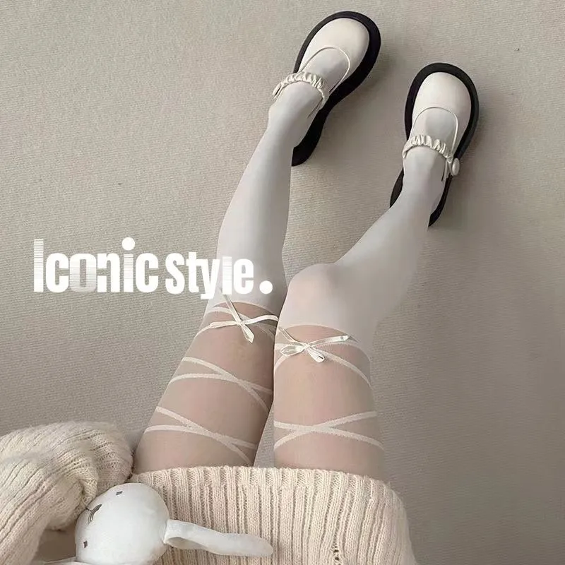 Summer Thin Spliced Lolita Pantyhose Women Butterfly Lace Strap White Black Sheer Tights Soft Hosiery Sweet Pure Look Outfit