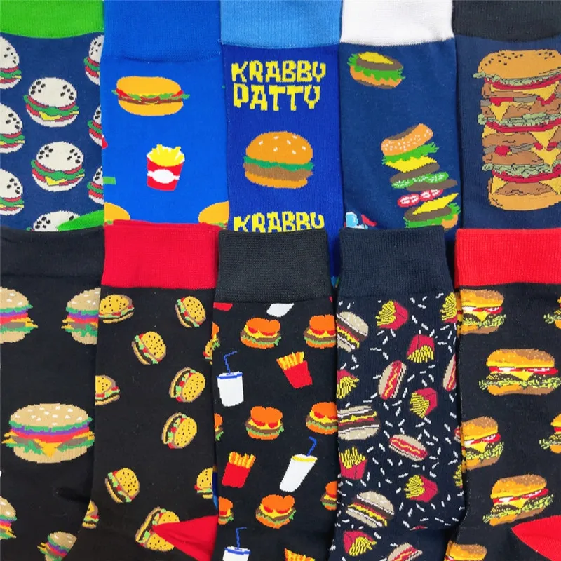 Funny Crew Short Straight Socks Giant Yummy Hamburger Beverage Snack Calorie Party Delicious Fast Food Chips Burger Cheeseburger