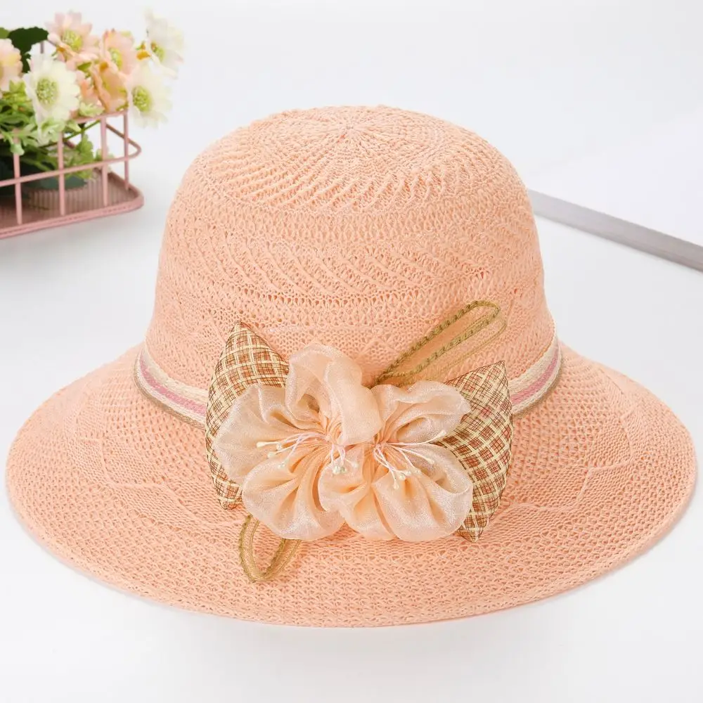 Women Fashion Wide Brim Straw Hat Bow Flowers Sun Protection Sunscreen Beach Hat Foldable Leisure Bucket Hat Women