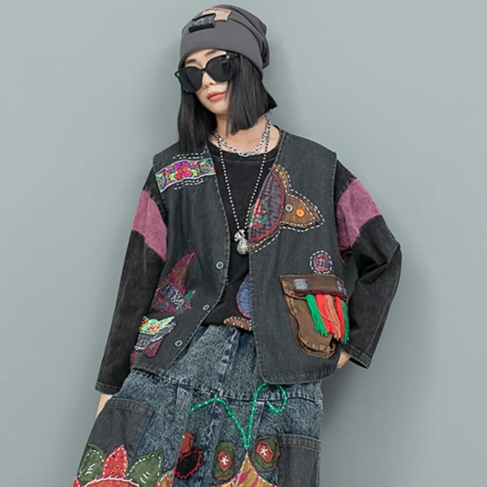 Hand Embroidered Denim Pant Set Double Layer Vest Women Autumn Winter LX2578