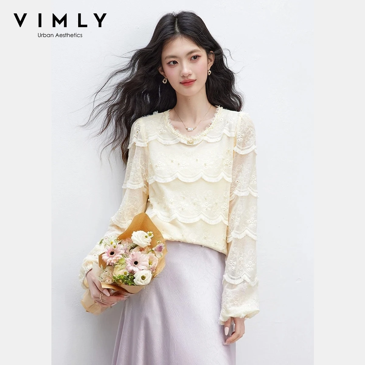 

VIMLY Women's Elegant V-Neck Blouse 2026 Spring New Scalloped Ruffle Trim Pearl Heavy Embroidery Long Sleeve Lace Shirt 30750