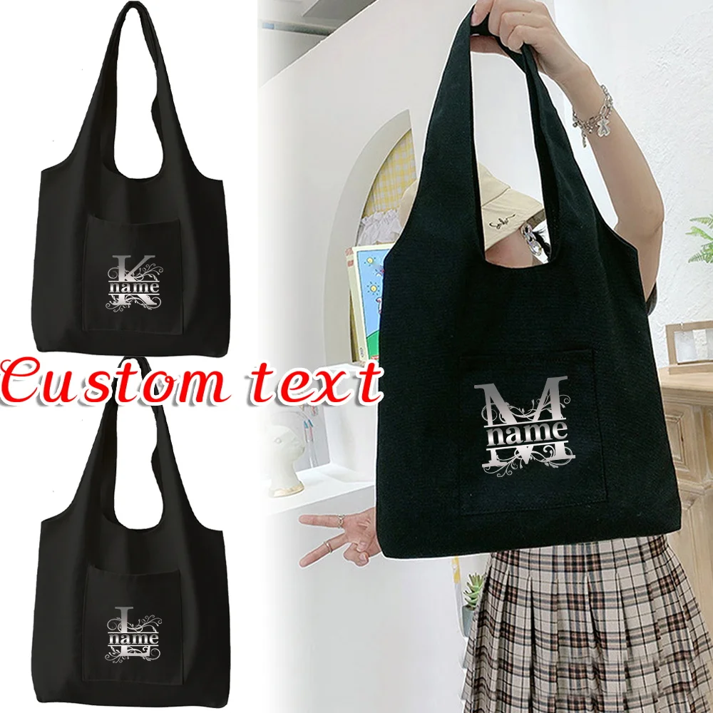 

Customizable Name Shoulder Bag Women's Black Shopping Bag Grocery Bag Large Capacity Handbag Customized Product