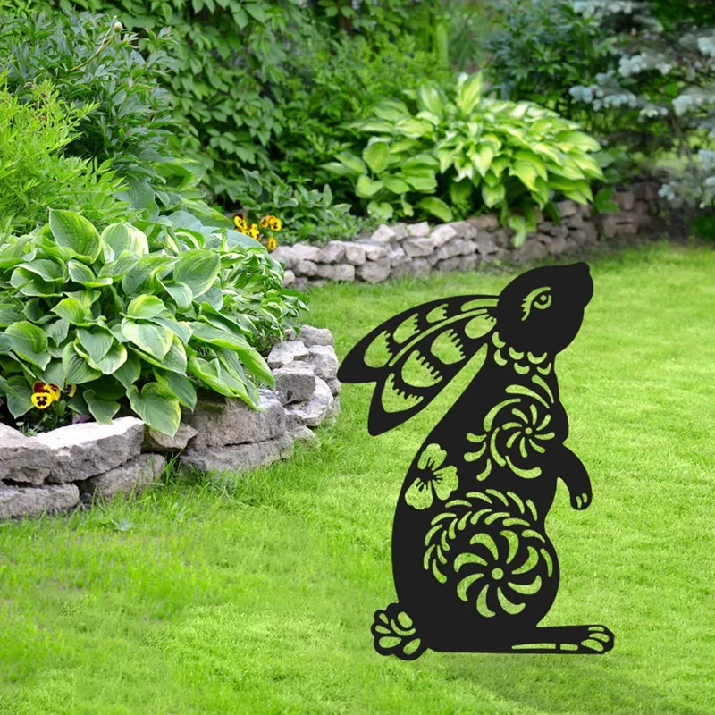 Silhouette Stake Black  Garden Stake Floral Cutouts Bunny Yard Art Lawn Outdoor Patio Home Garden Decor