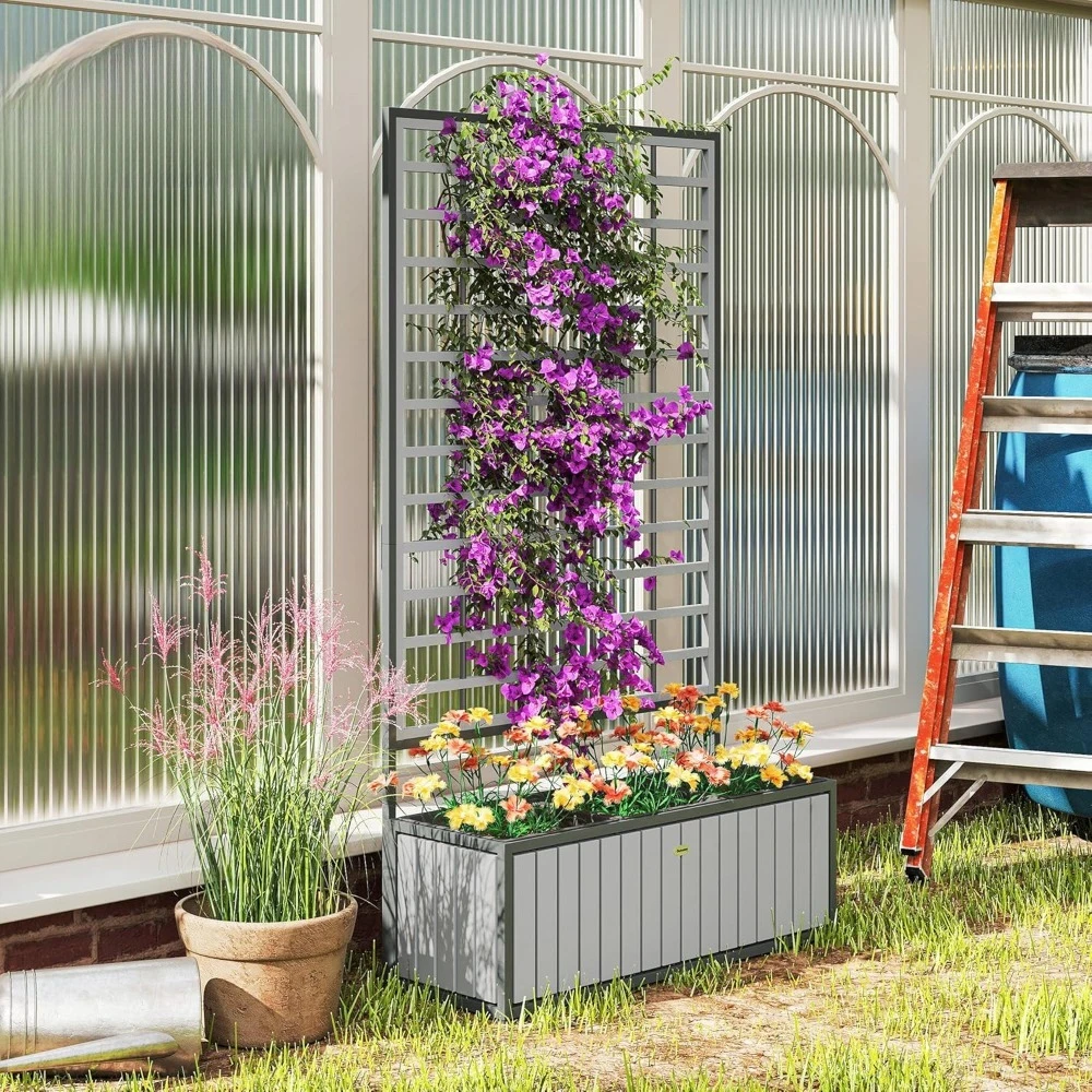 

Wooden Raised Garden Bed with Trellis, Removable Pots, Drainage Holes for Climbing Vines, Vegetables, Flowers, Customized