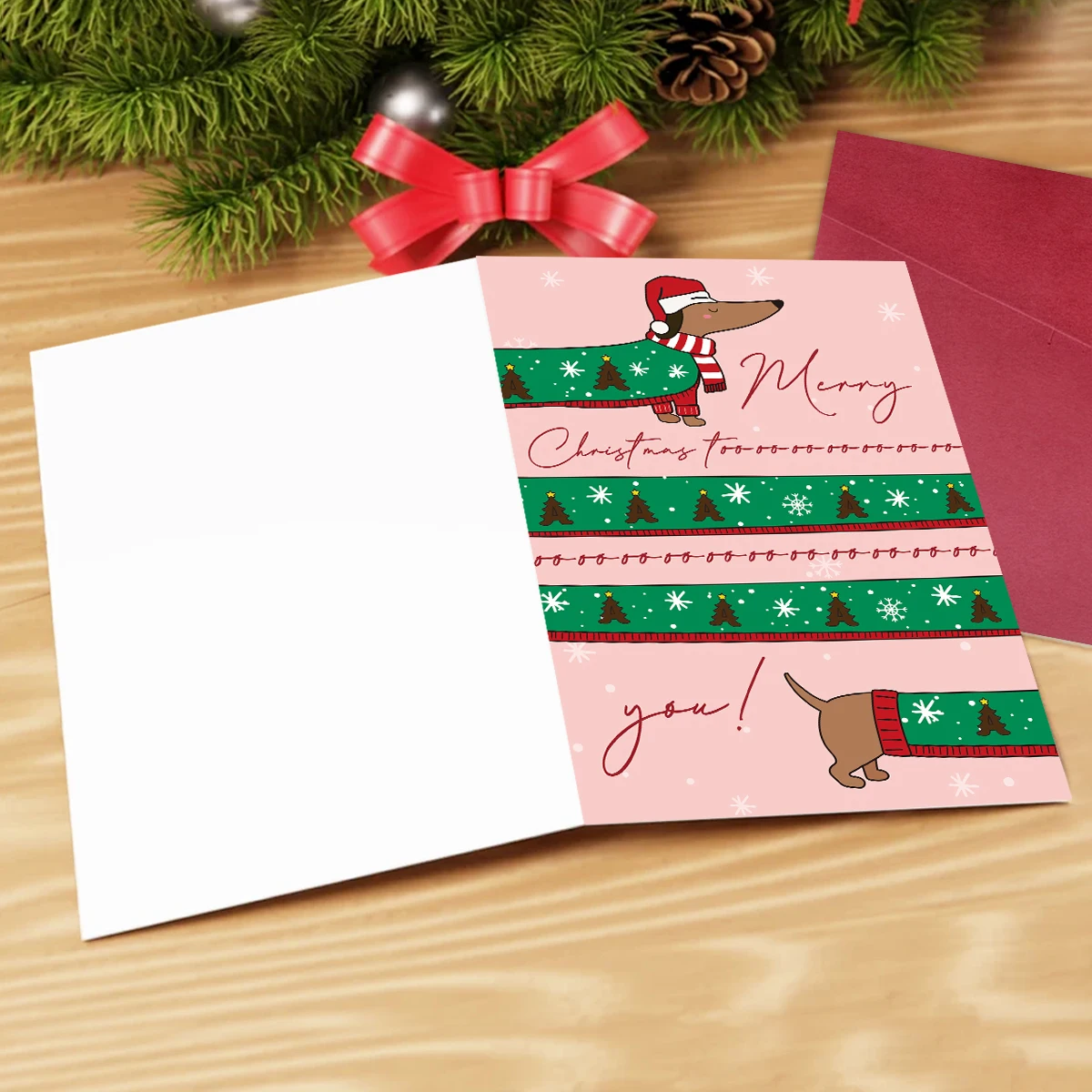 1 Stück, niedliche Weihnachtskarte mit einem langen Würstchenhund-Motiv, mit der Botschaft „Frohe Weihnachten für Sie“, ein Geschenk für Familie und Freunde, ideal für den „Secret Santa“-Austausch. – Detail 4