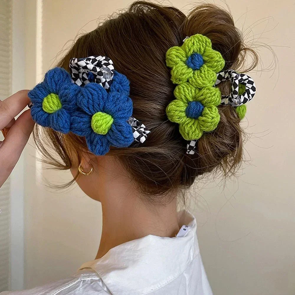 Fashion Premium Blue Green Handmade Woolen Flower Hair Clip Headwear Woman Elegant Large Ponytail Claw Sexy Luxury Accessories