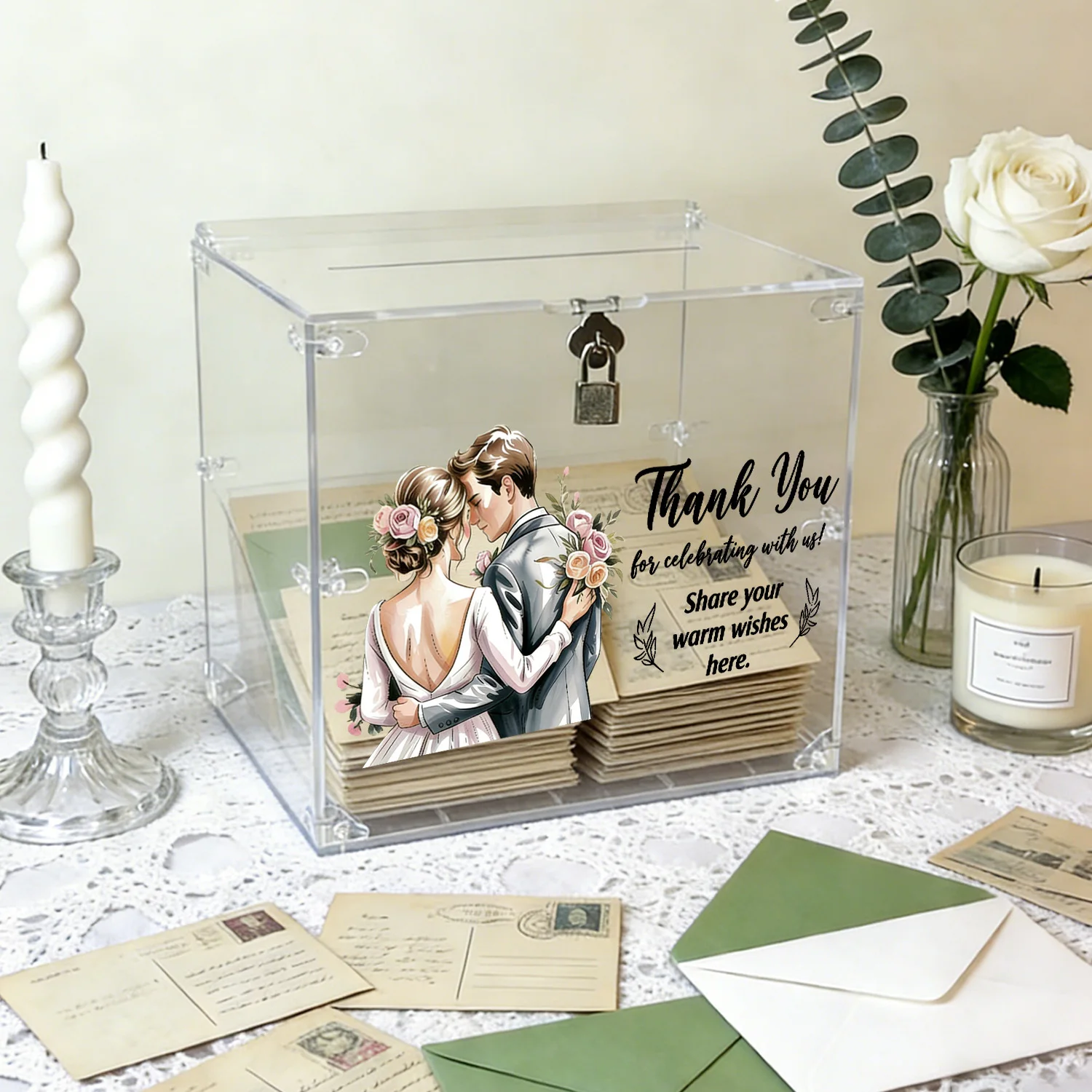 

Акриловые коробки для свадебных открыток с замком, иллюстрация жениха и невесты, дизайн с надписью "Спасибо", коробки для открыток на свадебный прием, день рождения