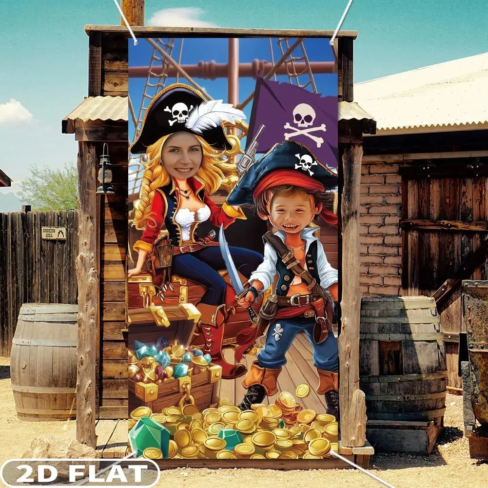 

2D FLAT 1pc Pirate Party Photo Prop, 5.9x3 Ft Pirate Party Banner Decoration Photo Door Banner Funny Face in Hole Photo Booth