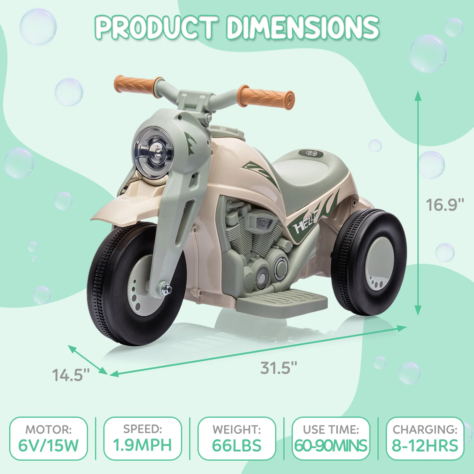 Coche de burbujas para niños, motocicleta eléctrica con batería de 6V, velocidad de 1,9 MPH con faros LED, música, juguetes de motocicleta de 3 ruedas