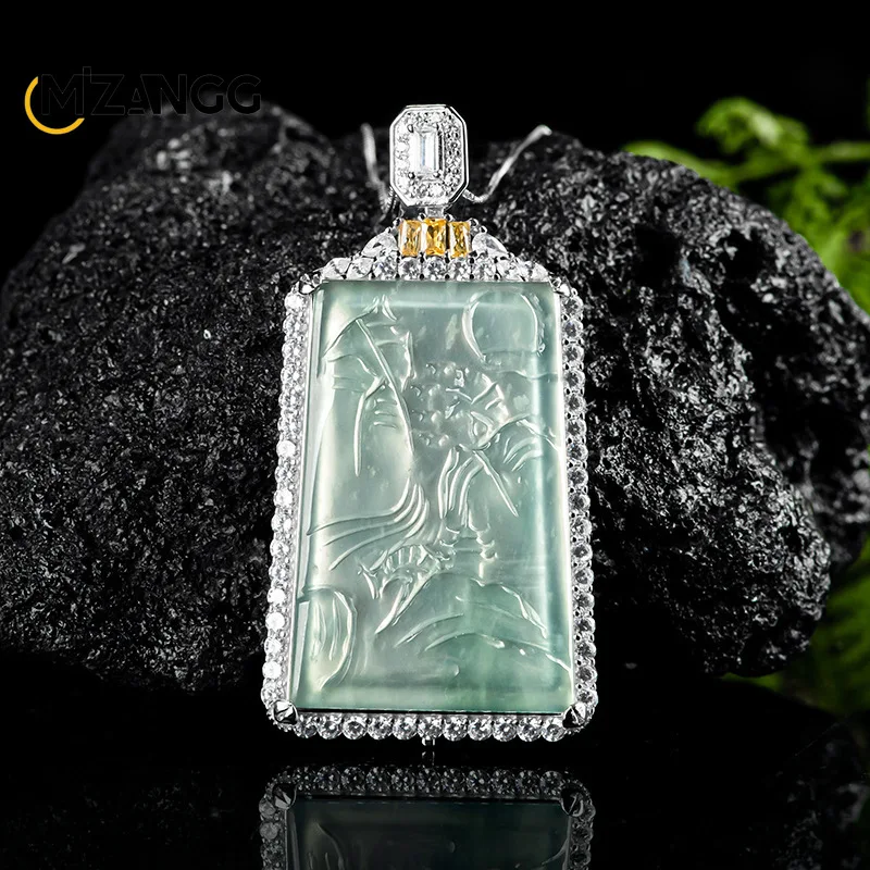 

Natural A-goods Jadeite Blue Water Landscape Pendant S925 Silver Inlaid Hand-carved Ice Jade Necklace Men and Women Holiday Gift