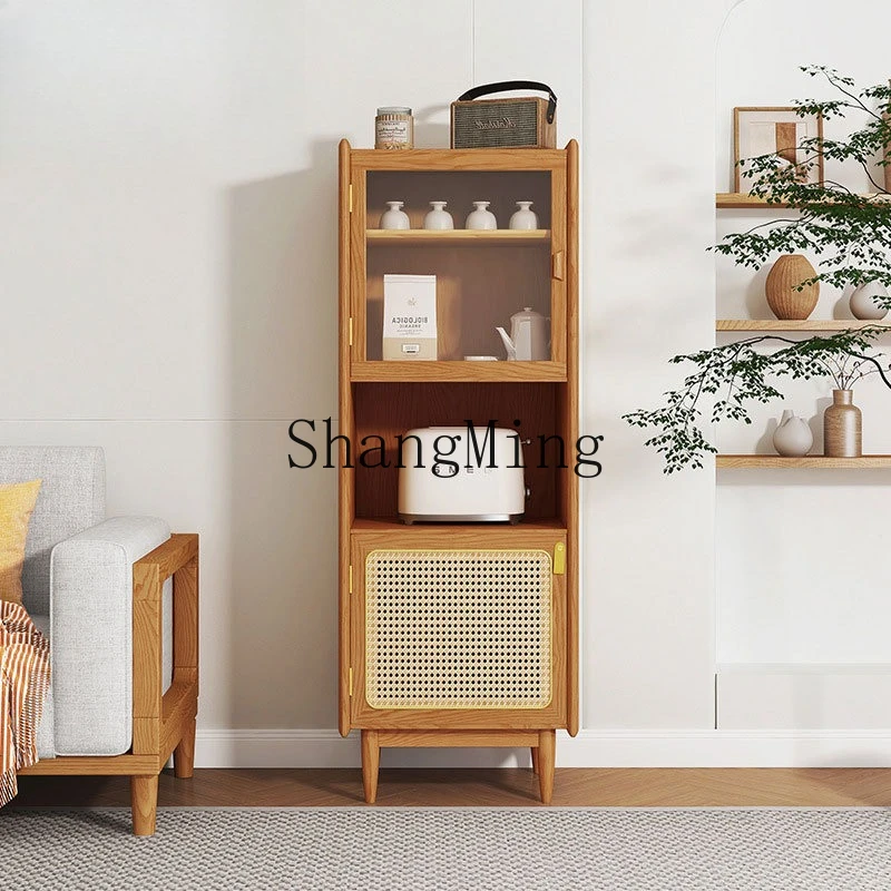 

ZYY wabi sandy wind solid wood rattan narrow side locker living room ash wood storage glass tea cabinet