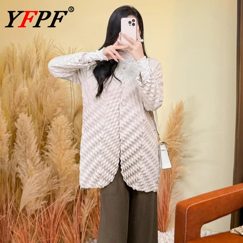 

YFPF Miyake Pleated Design Women's Blouse Tops Casual Solid Color Loose Button Long Sleeve Shirt Fashion 2025 Autumn New