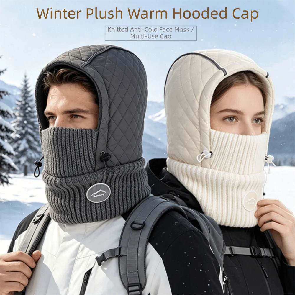 Thick Lined Balaclava Hat Mask Knit Breathable Fabric Winter Hooded Cap Ear Cover Design Neck Scarf Integration