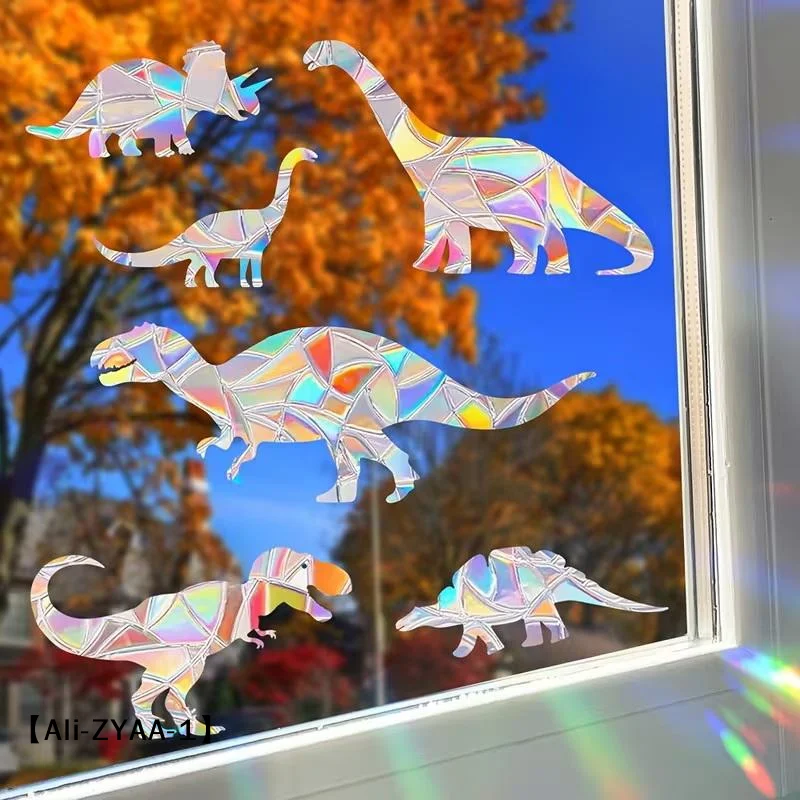 【A】Rainbow Dinosaur Window Sticker Set, No Glue Required, Made Of Reusable PVC Material, Perfect For Home Decoration.