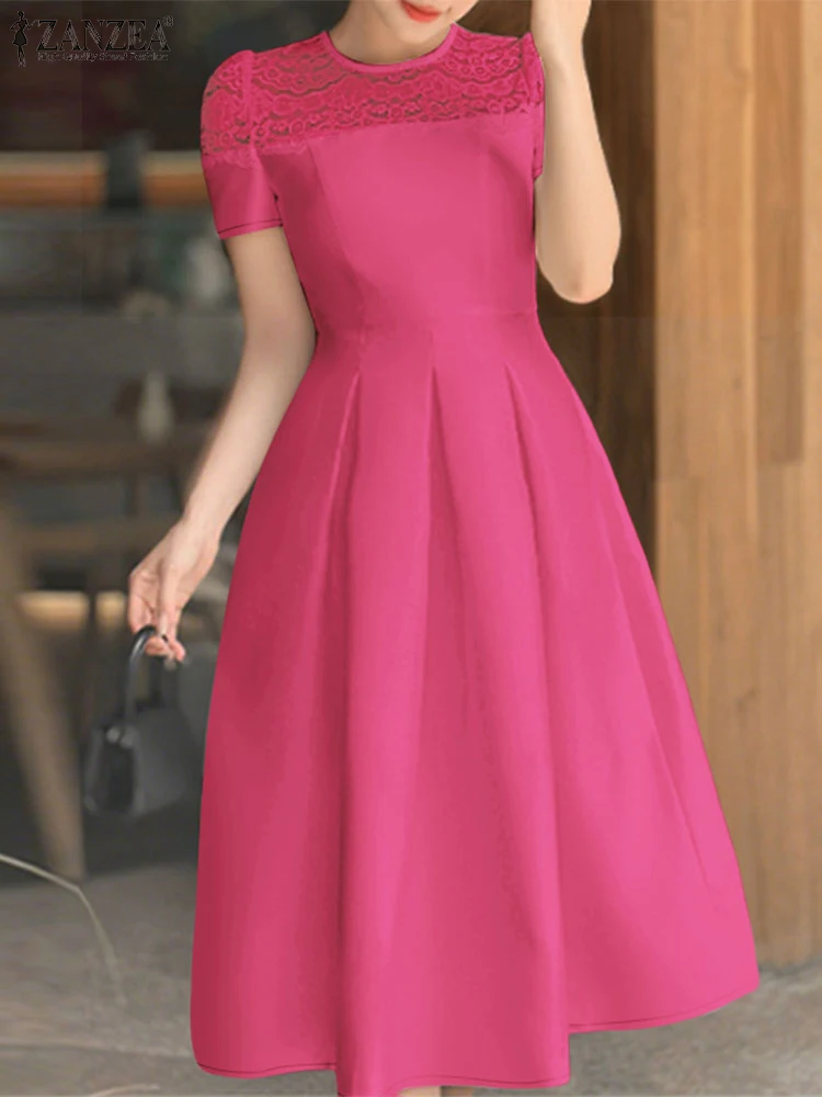 ZANZEA moda encaje Patchwork A-Line Vestidos mujer elegante cuello redondo manga corta cintura alta Midi batas plisadas Vestidos de fiesta