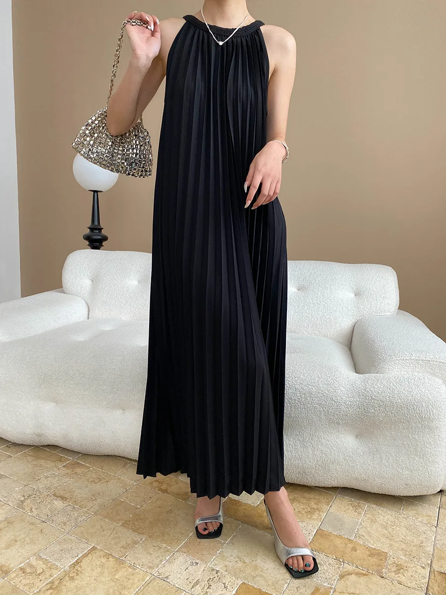 Весенне-летнее женское повседневное однотонное плиссированное платье без рукавов с круглым вырезом