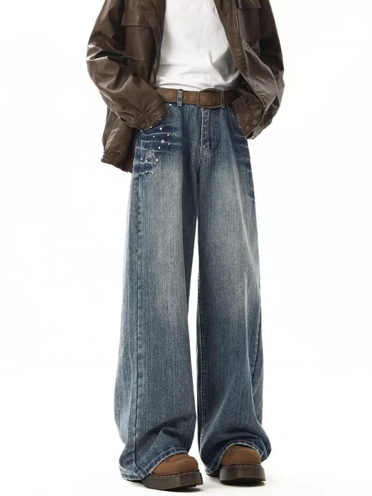 Retro Amerikaanse klinknagel jeans heren herfst winter losse rechte pijpen getailleerde Faion merk all-match wijde pijpen broek