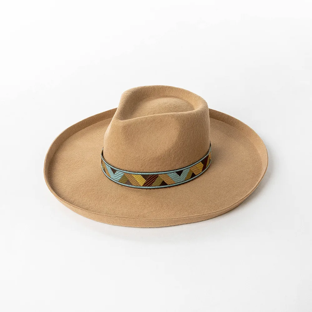 

British Retro Embroidered Ribbon Wide Brim Wool Jazz Hat Outdoor Warm Felt Fedora Trendy