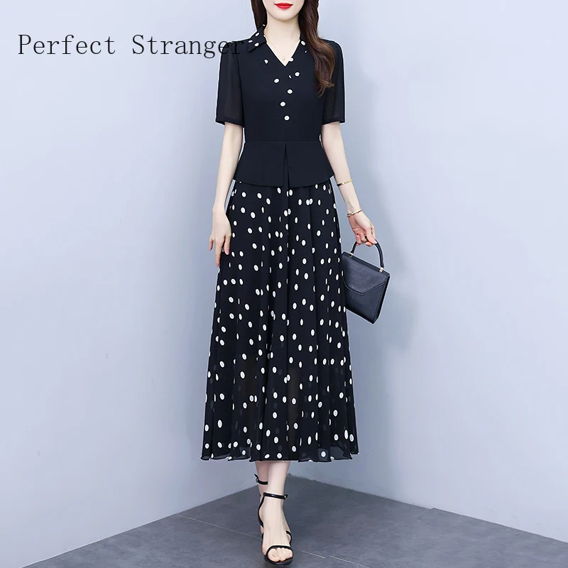 2024 Vintage Black Fake Two Pieces Dots Casual Chiffon Maxi Robe Summer Party Dress Women Elegant Bodycon Night Long Vestidos