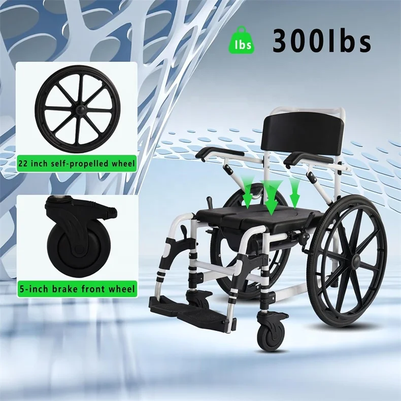 Black Folding Shower Commode Wheelchair Beside Commode Chair With Padded Seat Waterproof Rolling Shower Chair With Armrests